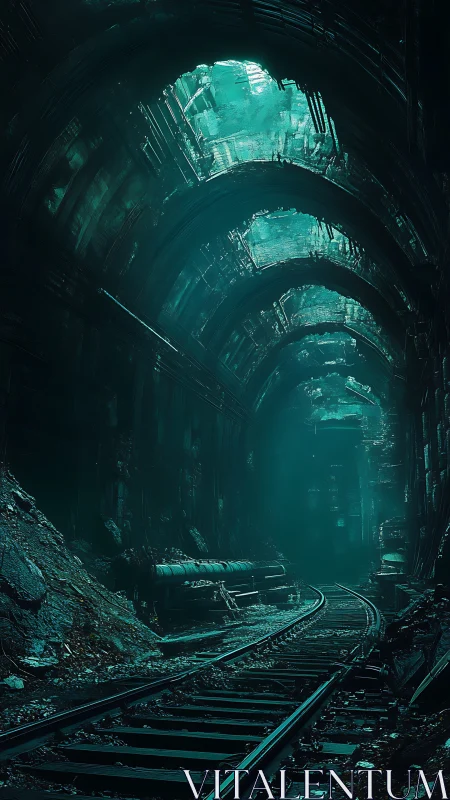 Underground rail tunnel with debris and teal overhead light.