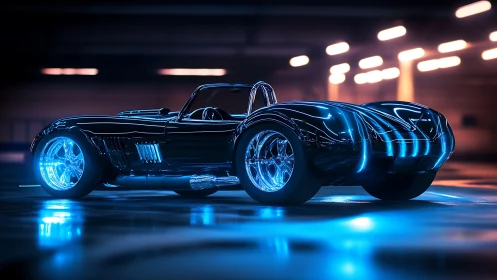 Sleek neon roadster glowing under soft futuristic lights.