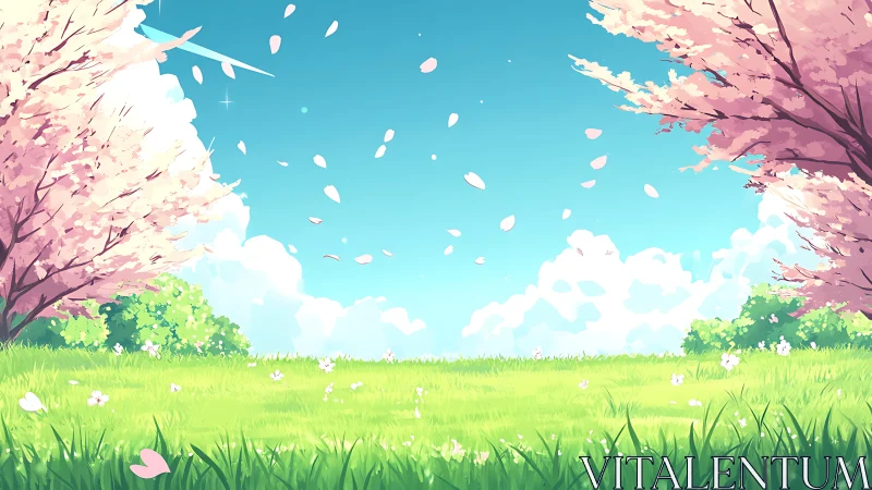Cherry blossom field under clear sky with falling petals.