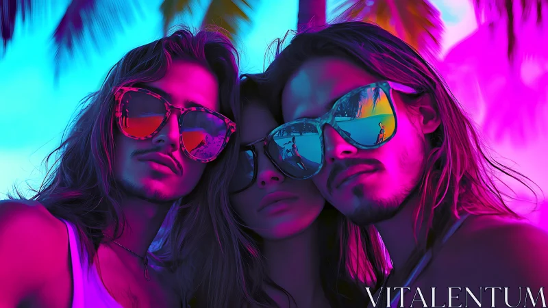 Neon gradient lighting sculpts three friends in reflective sunglasses