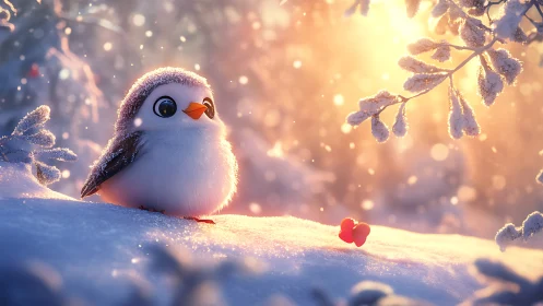 Snowy chick watches crimson berries in glowing sunrise.
