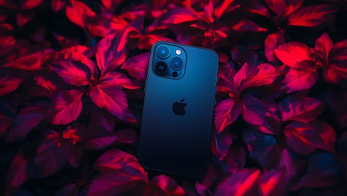 iPhone 12 Pro in Pacific Blue Against Vivid Red Foliage.