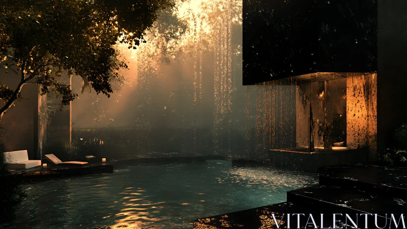 Tranquil Courtyard Bathed in Golden Sunlight Through Misty Air