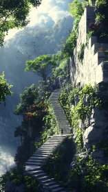 Digital painting of vertiginous cliff stairway in lush gorge.
