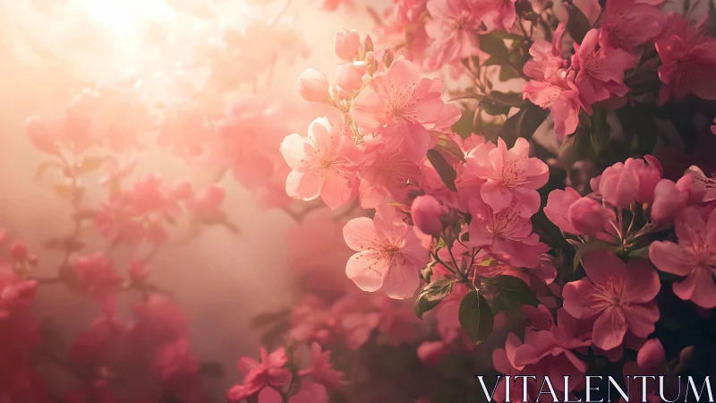 Pink flowering shrub photographed through diffused atmospheric light conditions.