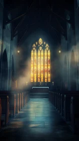 Sunlit gothic nave with glowing stained glass window interior.