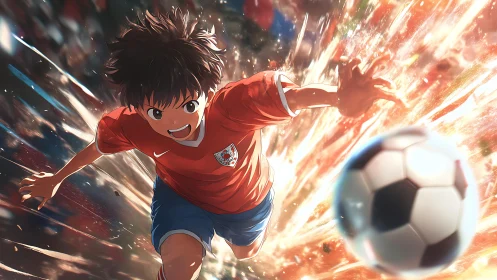 Animated soccer player advancing toward ball in motion.