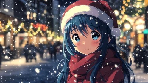 Blue haired anime girl in red Santa outfit on snowy street