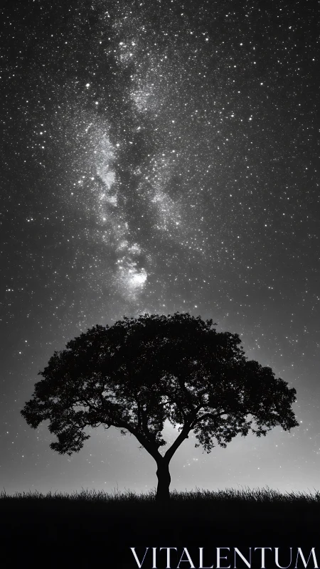 Quiet night tree reaches gently toward a glowing star river