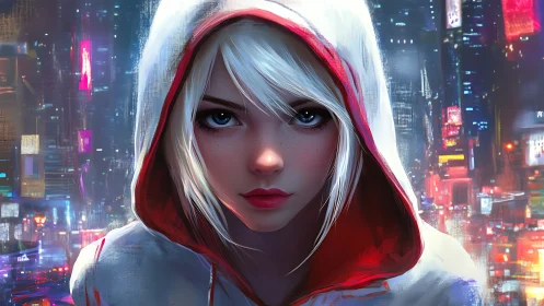 Hooded city wanderer with bright eyes and neon night glow.
