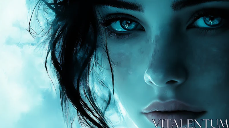 Icy-eyed digital portrait in luminous cyan atmosphere.