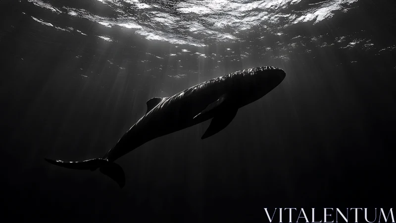 Silhouetted whale beneath surface with directional light beams.