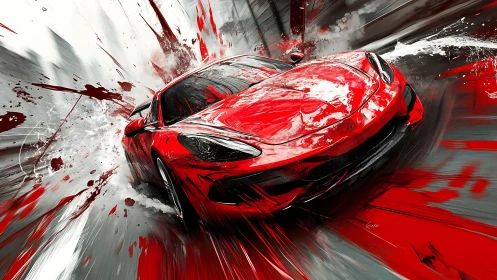 Digital painting of red sports car in explosive motion field.