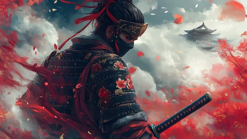 Masked samurai stands in red armor amid swirling red leaves