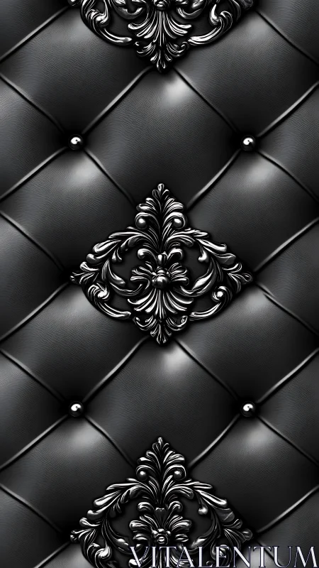 Ornamental black tufted surface with metallic baroque medallions.