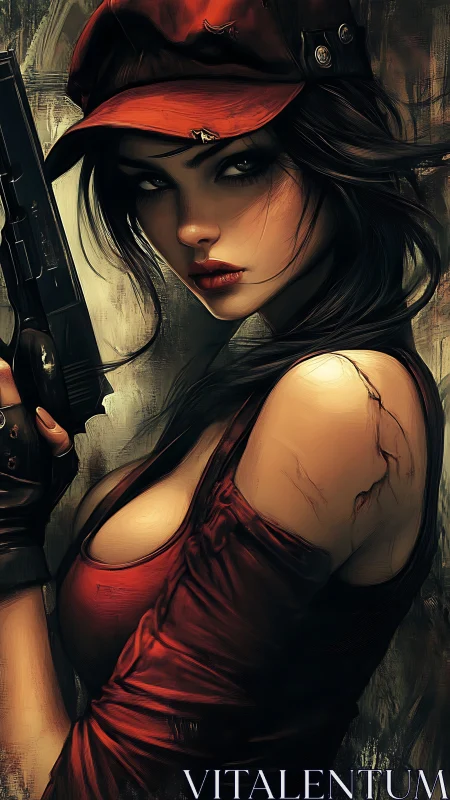Woman in red cap holds handgun in stylized digital portrait