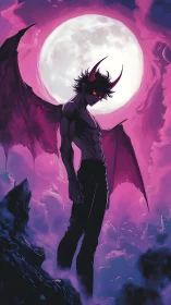 Demonic winged figure stands before large moon in pink sky