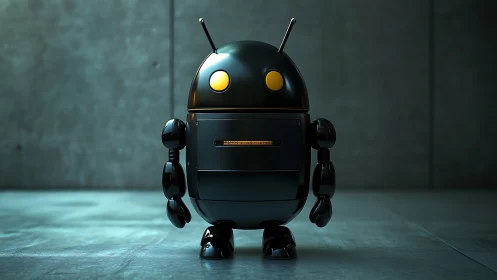Sleek black android robot rendered in high-contrast 3D lighting
