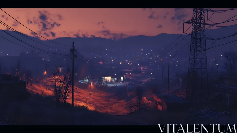 Deserted roadside town glows under violet dusk sky.