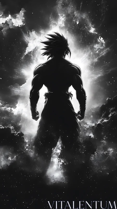 Warrior silhouette ignites cosmic storm in stark monochrome.