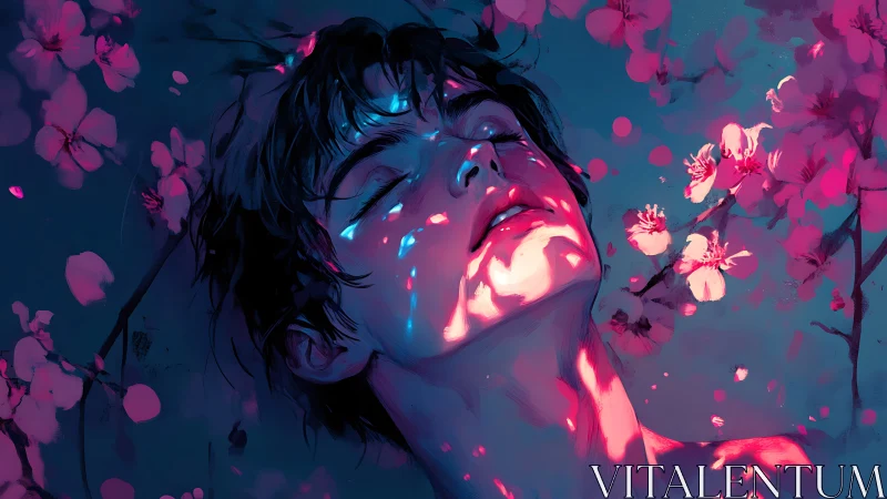 Male figure lies under stylized blossoms with colored light