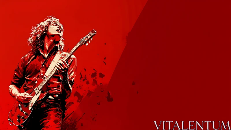 Electric guitarist in red monochrome vector style portrait