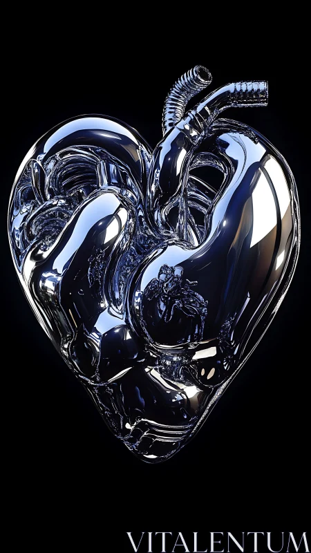 Cybernetic chrome heart sculpture gleams in deep shadow.