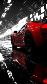 Red sports coupe accelerates through abstract neon tunnel