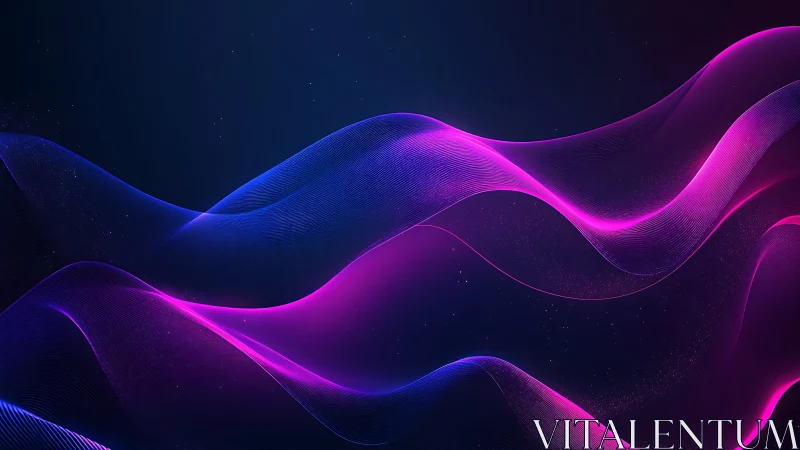 Neon magenta and blue light waves over deep cosmic field.