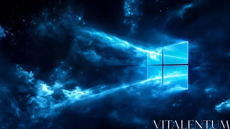 Glowing window floats quietly in a deep blue cosmic sky