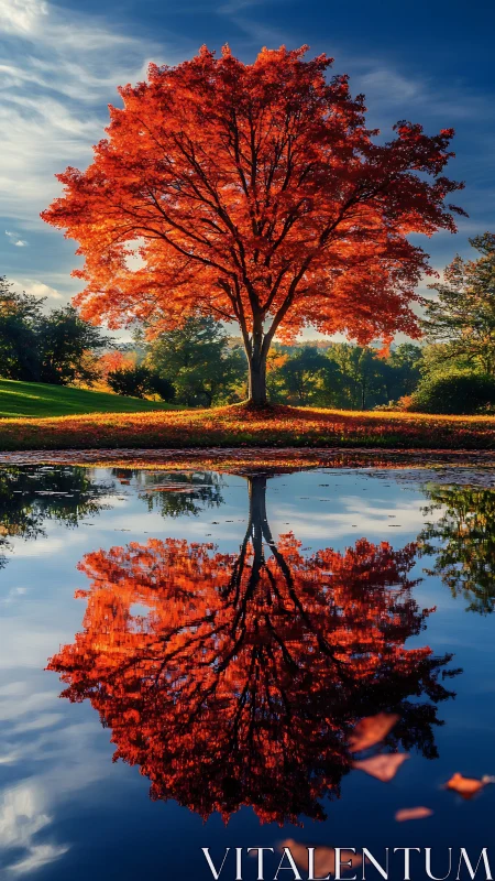Fiery autumn maple glows over a glassy reflective pond
