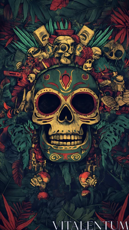 Ornate Mesoamerican skull mask dominates dense jungle foliage