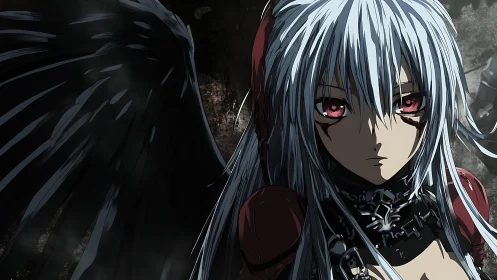 Dark winged girl stares forward under harsh side lighting