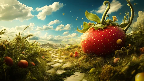Colossal strawberry landscape under luminous summer sky.