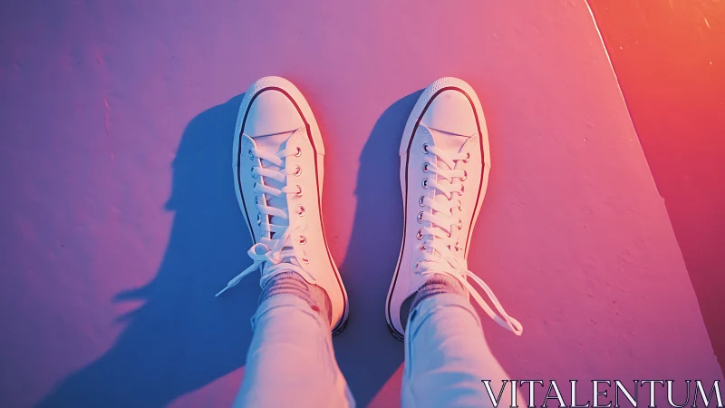 White canvas sneakers under contrasting neon gradient lighting