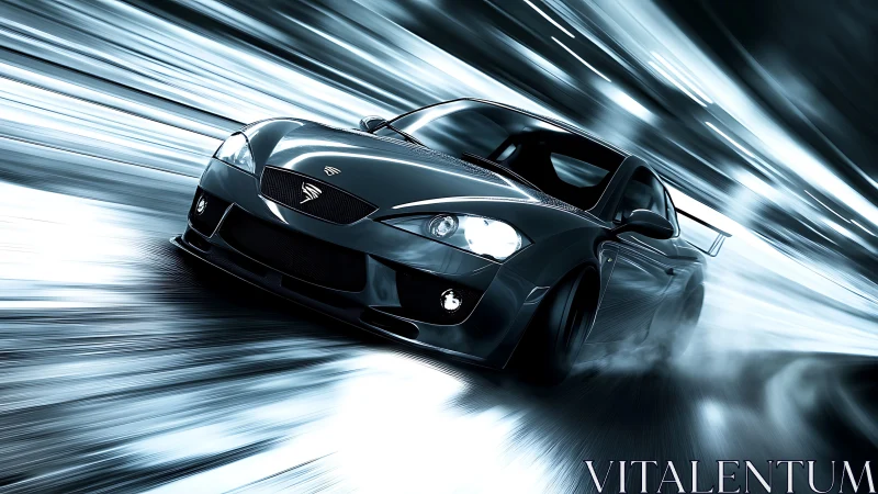 Dark sports coupe moves through motion-blurred tunnel environment