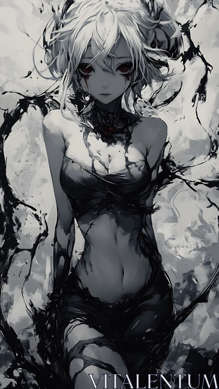 Monochrome void siren emerging through liquid darkness.