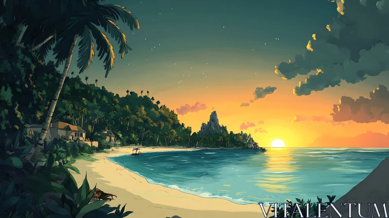 Tropical Coastal Landscape with Golden Hour Illumination and Dramatic Cloud Formation.