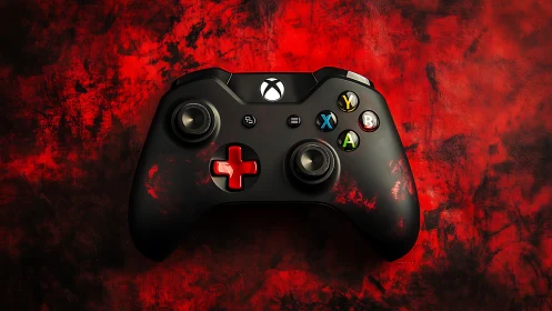 Sleek black game controller glowing over fiery red art.