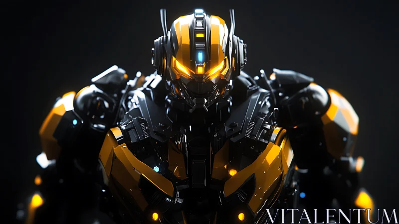 Armored combat mech glows with neon power in dark void