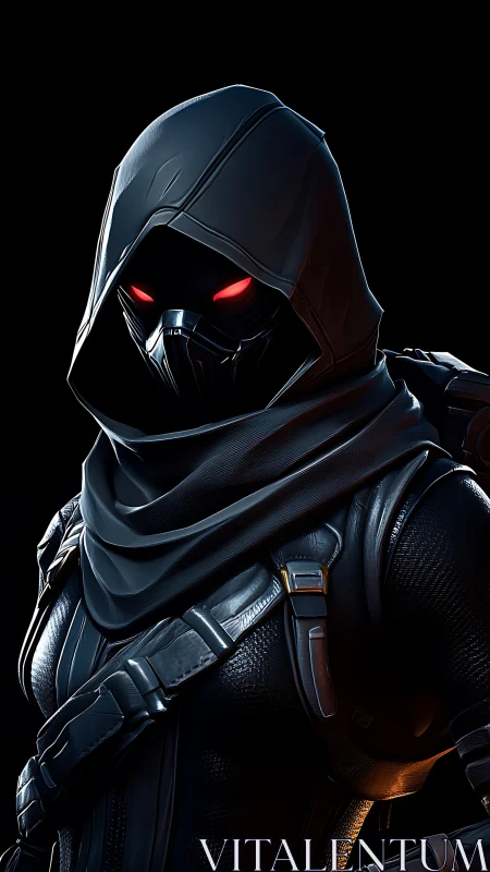 Hooded cyber assassin in black armor with red eyes.