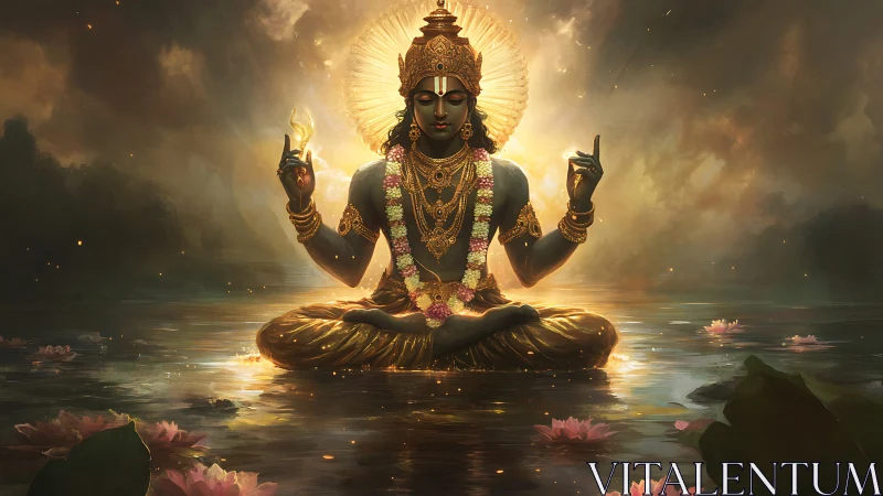 Divine deity meditates over glowing lotus lake at dusk