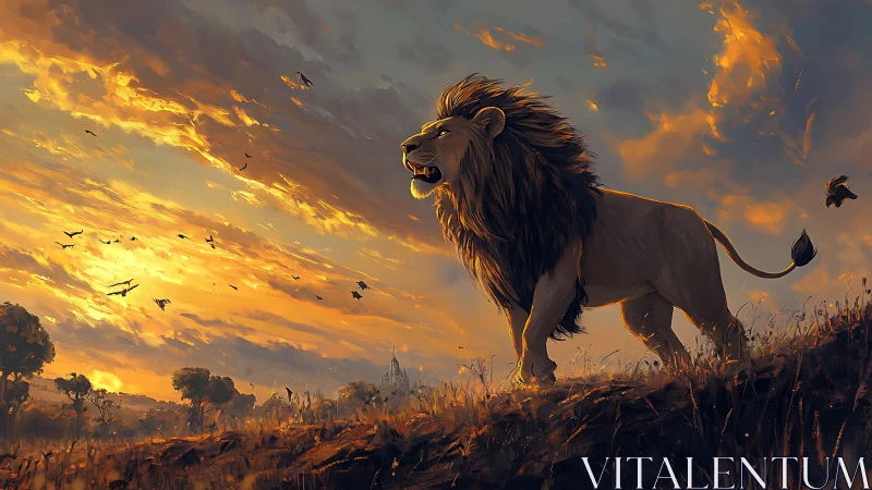 Majestic lion overlooking fiery savanna sunset sky.