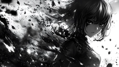 Monochrome anime figure dissolving into dynamic ink vectors.