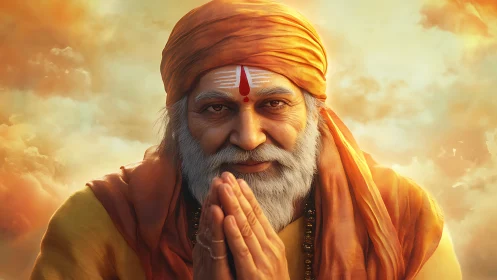 Elderly spiritual guru offers prayerful greeting in clouds