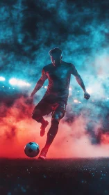 Soccer player striking ball amid blue and red stadium smoke.