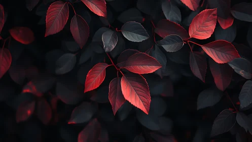 Red illuminated leaves over dark botanical background.