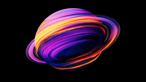 Vibrant ringed planet rendered with swirling neon bands