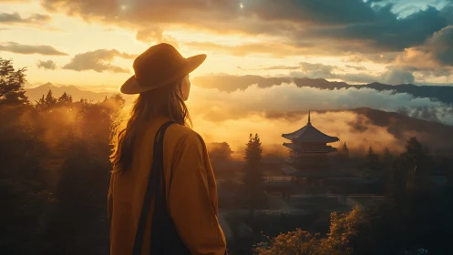 Traveler watches temple at golden sunrise above misty hills