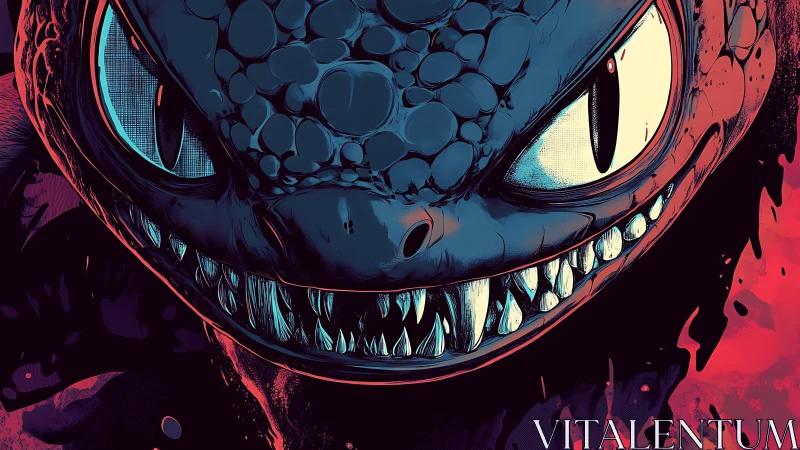 Grinning abyssal lizard leans from neon shadows to dare you